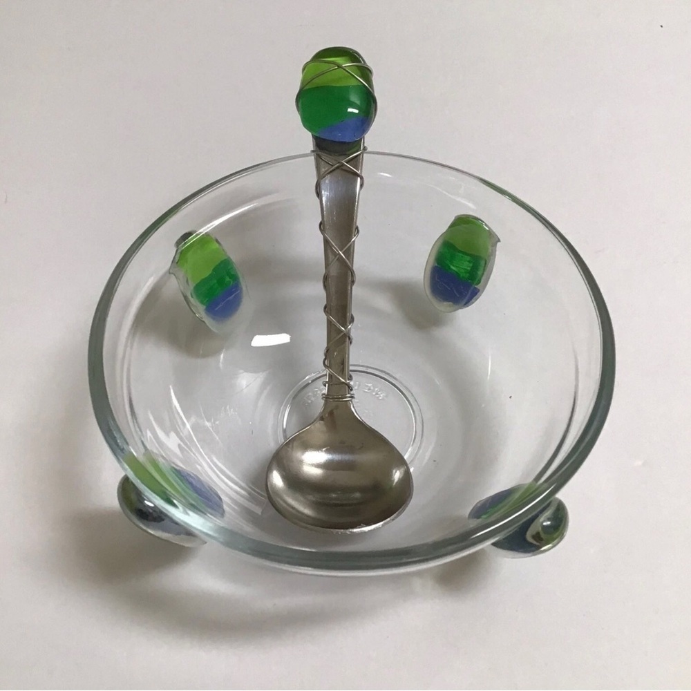 Art Glass Condiment Dish Blue Green Pebble Wire Wrapped Spoon Sea KIG Indonesia